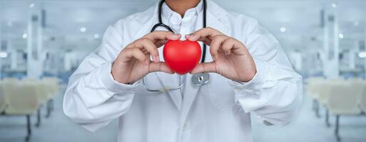 médico demostración un rojo corazón a hospital representa médico salud cuidado y médico personal Servicio concepto. foto