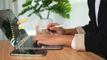Businesswoman uses computer to manage data with folders and DMS document management system photo