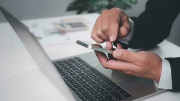 Businessman checking email on the phone screen. New email notification concept for business email communication and digital marketing. Inbox receives notification of electronic messages. photo