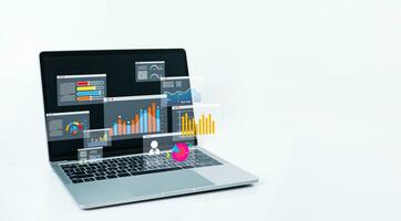 Laptop computer on white background and dashboard for business analysis. Data and management system with KPIs and indicators connected to databases for finance, technology, operations, marketing photo