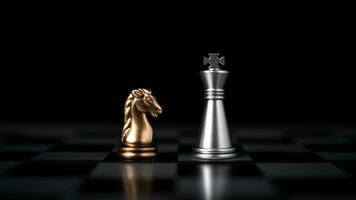 Gold and silver chess pieces in chess board game for business comparison. Leadership concepts, human resource management concepts. photo