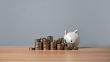 Piggy bank and coins lined up on a wooden floor with a white background. Concepts of finance, savings and investment. photo