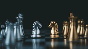 Gold and silver chess pieces in chess board game for business comparison. Leadership concepts, human resource management concepts. photo