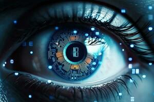 Female cyber eye. Futuristic bionic technology. Generative AI photo