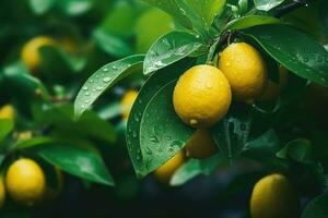 Ripe yellow lemons on lemon tree. Generative AI photo