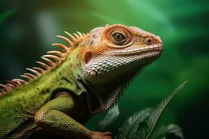 Lizard against green background. Generative AI photo
