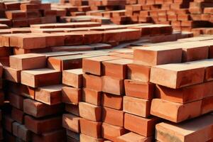 Red bricks stacked at a construction site. Generative AI photo