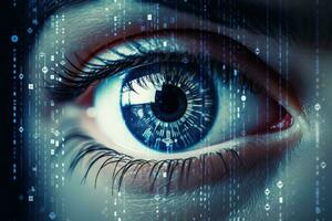 Female cyber eye. Futuristic bionic technology. Generative AI photo