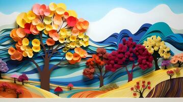 layered paper art depicting landscape with colorful trees photo