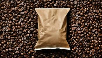 Top view Coffee beans with blank paper bag for background, dark roasted, cafe business concept, wallpaper, backdrop, coffee industrial, world coffee day, generative Ai photo