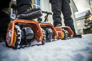 Using snowblower to clear snow on walkway near house. Generative AI photo