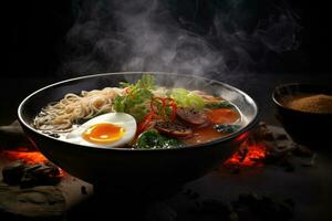 ramen en oscuro antecedentes. japonés tradicional sopa. generativo ai foto