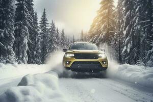 coche conducción en Nevado la carretera en invierno bosque. generativo ai foto