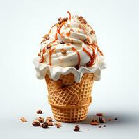 Ice cream in a waffle cup with topping, caramel and chocolate sprinkles - AI generated image photo