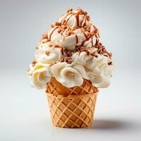 Ice cream in a waffle cup with topping, caramel and chocolate sprinkles - AI generated image photo