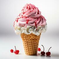 Ice cream in a waffle cup with topping, caramel and chocolate sprinkles - AI generated image photo