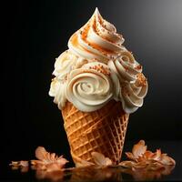 Ice cream in a waffle cup with topping, caramel and chocolate sprinkles - AI generated image photo