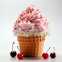 Ice cream in a waffle cup with topping, caramel and chocolate sprinkles - AI generated image photo