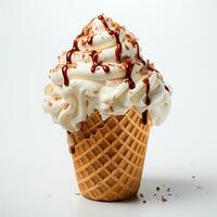 Ice cream in a waffle cup with topping, caramel and chocolate sprinkles - AI generated image photo