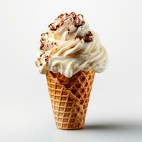 Ice cream in a waffle cup with topping, caramel and chocolate sprinkles - AI generated image photo