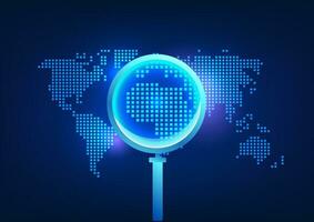 Search technology A magnifying glass that looks at the world map It means that information can be found all over the world through the internet network for use in work. vector