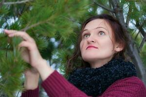 Portrait of brunette woman with long hair and brown eyes standing in pine forest. Cute young woman dressed in brown sweater and black scarf photo