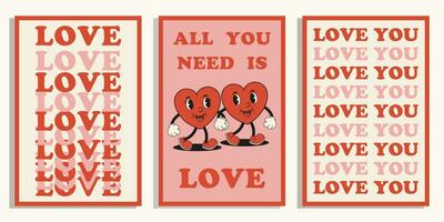 Set of retro lovely groovy posters or greeting cards. vector