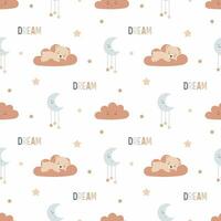 Vector seamless pattern with moon, stars and cute teddy bear sleeping on the cloud.
