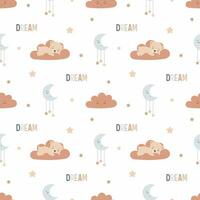 Vector seamless pattern with moon, stars and cute teddy bear sleeping on the cloud.