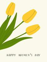 Happy Women's day greeting card with yellow tulips. vector