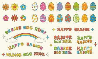 Set of Happy Easter retro groovy decoration elements. vector