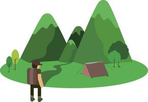 People going camping, mountains and tent vector illustration