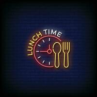 Neon Sign lunch time with brick wall background vector