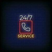 Neon Sign 24 hours service with brick wall background vector