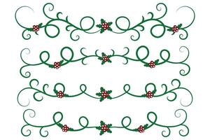 Christmas Flourishes Swirls dividers lines Decorative Elements, Vintage Calligraphy Scroll Merry Christmas text divider filigree elegant, Winter Holly headers fancy separator green page decor vector