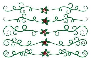 Christmas Flourishes Swirls dividers lines Decorative Elements, Vintage Calligraphy Scroll Merry Christmas text divider filigree elegant, Winter Holly headers fancy separator green page decor vector
