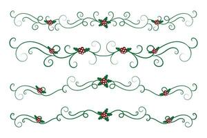 Christmas Flourishes Swirls dividers lines Decorative Elements, Vintage Calligraphy Scroll Merry Christmas text divider filigree elegant, Winter Holly headers fancy separator green page decor vector