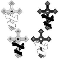 Vector design of Christian cross with ribbon, symbol of the Catholic religion, Christian cross with diamonds and ribbon