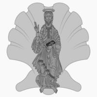 Vector design Saint James the Apostle holding a bible, with the symbol of a sea shell, Christian art from the middle ages