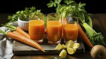 Lustrous Glasses Filled with Nutrient-Rich Carrot Juice, Complemented by Fresh Vegetables on a Wooden Surface. Generative AI photo