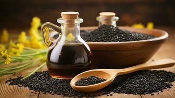 Black Cumin is Organic herbal medicine for many diseases, Nigella Sativa in spoon on wooden background. Generative AI photo