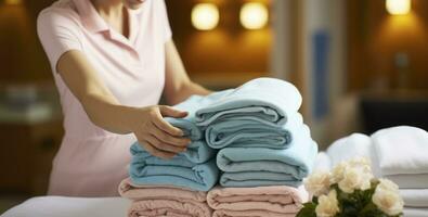 Housekeeping Expertise in Towel Arrangement. Generative AI photo