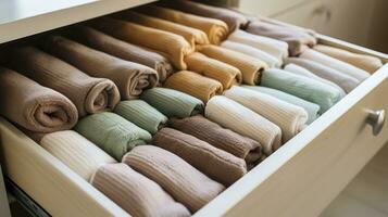 Elevated Elegance. A Close-Up on Organized Towel Storage. Generative AI photo