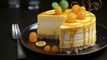 Creamy Mango Dreams - A Mousse Cake Sensation. Generative AI photo
