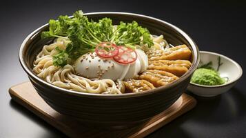 A Symphony of Flavors. The Artful Presentation and Taste of Kudzu Udon Noodles, a Quintessential Dish in the Heart of Japanese Culinary Heritage. Generative AI photo