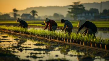 Farmers Tending to the Rice Fields at Dusk. Generative AI photo