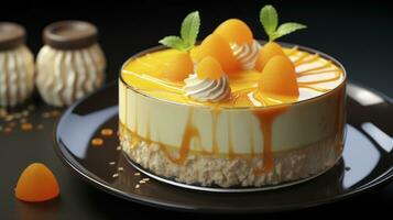 Tropical Delight - Mousse cake with mango puree and cream. Generative AI photo