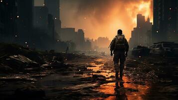 A Lone Soldier's Stride in the Destroyed City. Generative AI photo