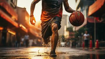 calle pelota maestro. el regate hechicería de un baloncesto jugador. generativo ai foto