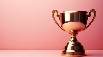 Golden Trophy Cup on a Pink Background. Victory Symbolized by a Golden Trophy. Generative AI photo